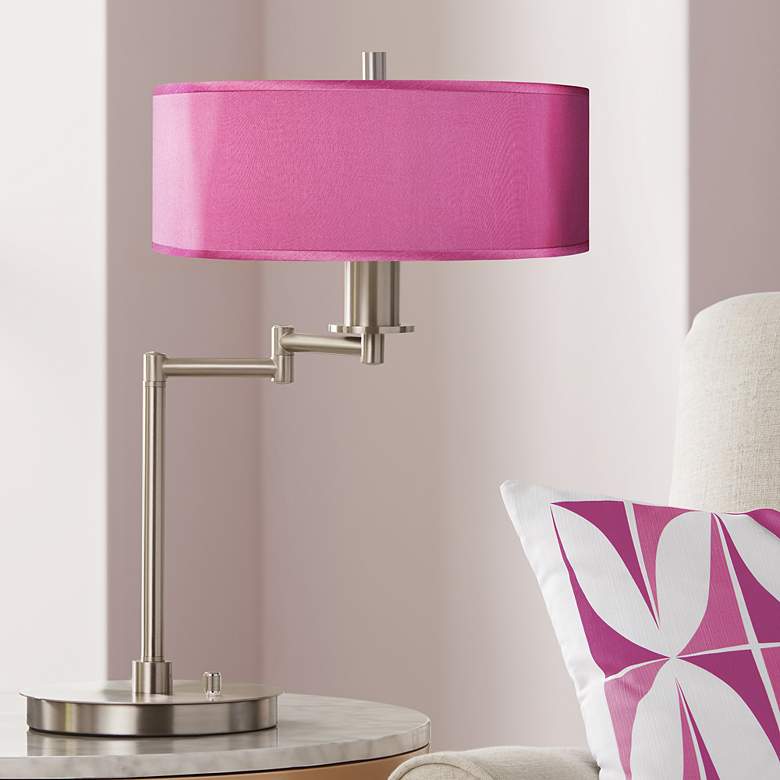 Image 1 Possini Euro 20 1/2" Pink Orchid Faux Silk Swing Arm LED Desk Lamp