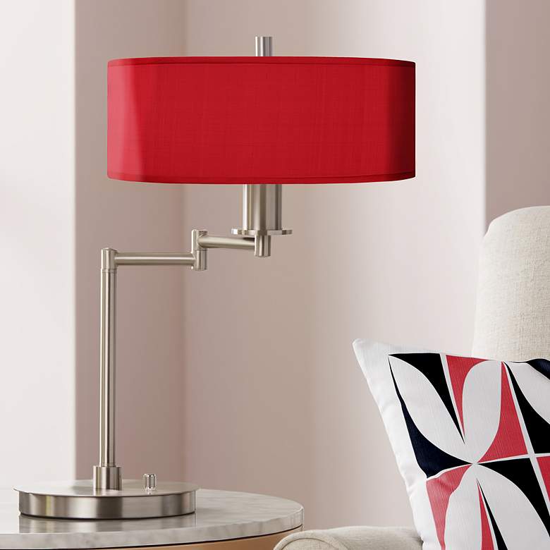 Image 1 Possini Euro 20 1/2" Red Textured Faux Silk Swing Arm LED Desk Lamp