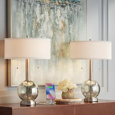 Possini Euro 22 1/2" Modern Speckled Glass USB Table Lamps Set of 2
