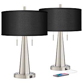 Image2 of Possini Euro 23" Black Faux Silk Modern USB Table Lamps Set of 2