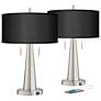 Possini Euro 23" Black Faux Silk Modern USB Table Lamps Set of 2