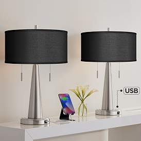 Image1 of Possini Euro 23" Black Faux Silk Modern USB Table Lamps Set of 2