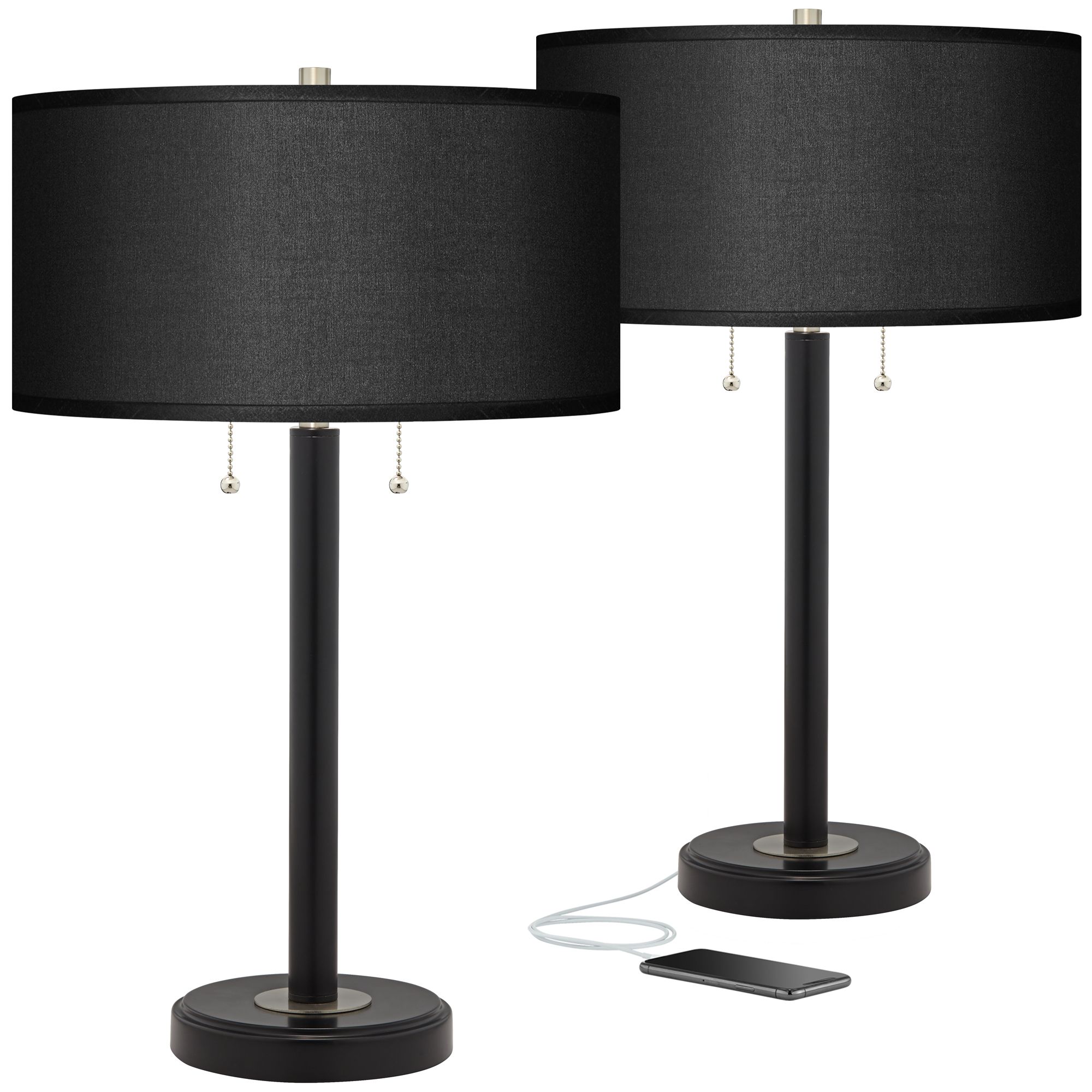 Image Possini Euro 25" Black Faux Silk and Bronze USB Table Lamps Set of 2