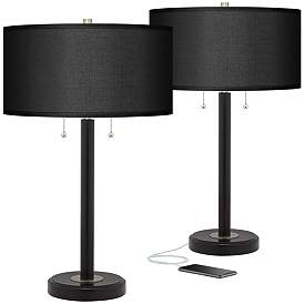 Image1 of Possini Euro 25" Black Faux Silk and Bronze USB Table Lamps Set of 2