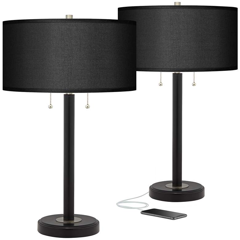 Image 1 Possini Euro 25" Black Faux Silk and Bronze USB Table Lamps Set of 2