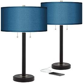 Image1 of Possini Euro 25" Blue Faux Silk and Bronze USB Table Lamps Set of 2