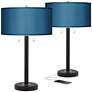 Possini Euro 25" Blue Faux Silk and Bronze USB Table Lamps Set of 2