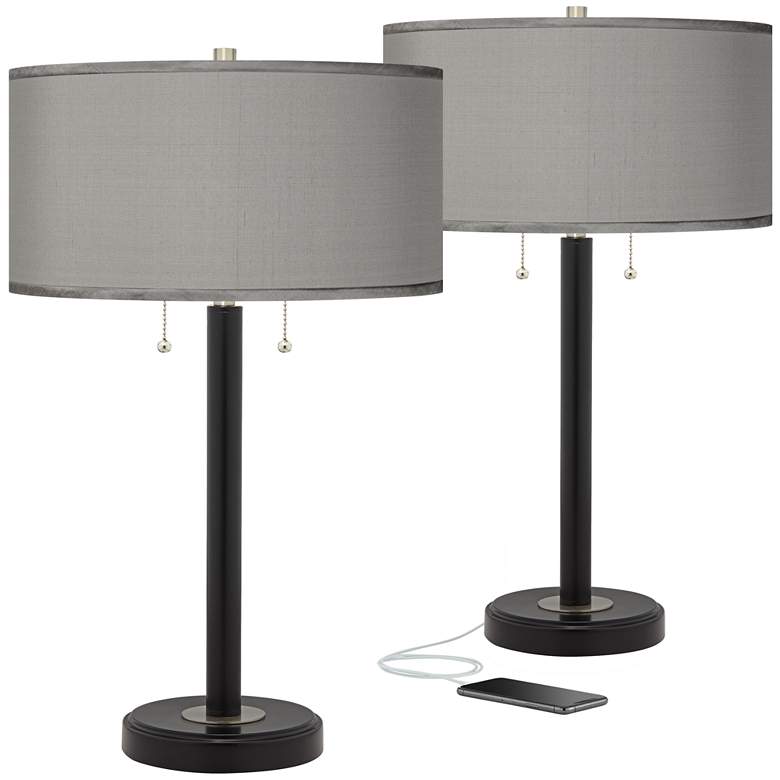 Image 1 Possini Euro 25 inch Gray Faux Silk and Bronze USB Table Lamps Set of 2