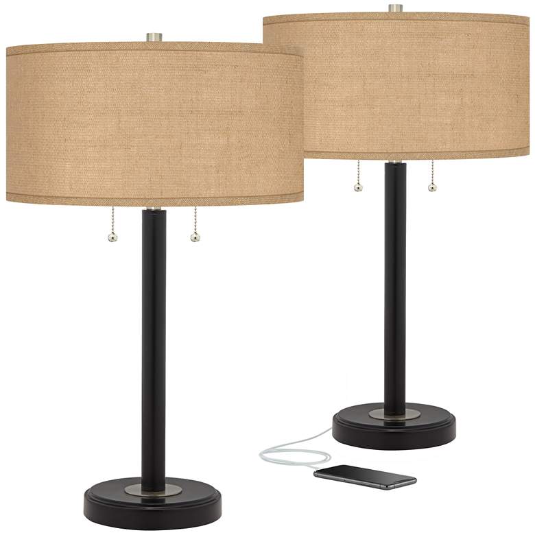 Image 1 Possini Euro 25 inch High Burlap and Bronze USB Table Lamps Set of 2