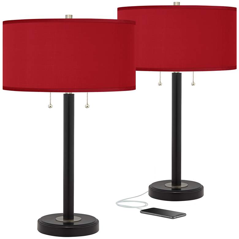Image 1 Possini Euro 25" Red Faux Silk and Bronze USB Table Lamps Set of 2