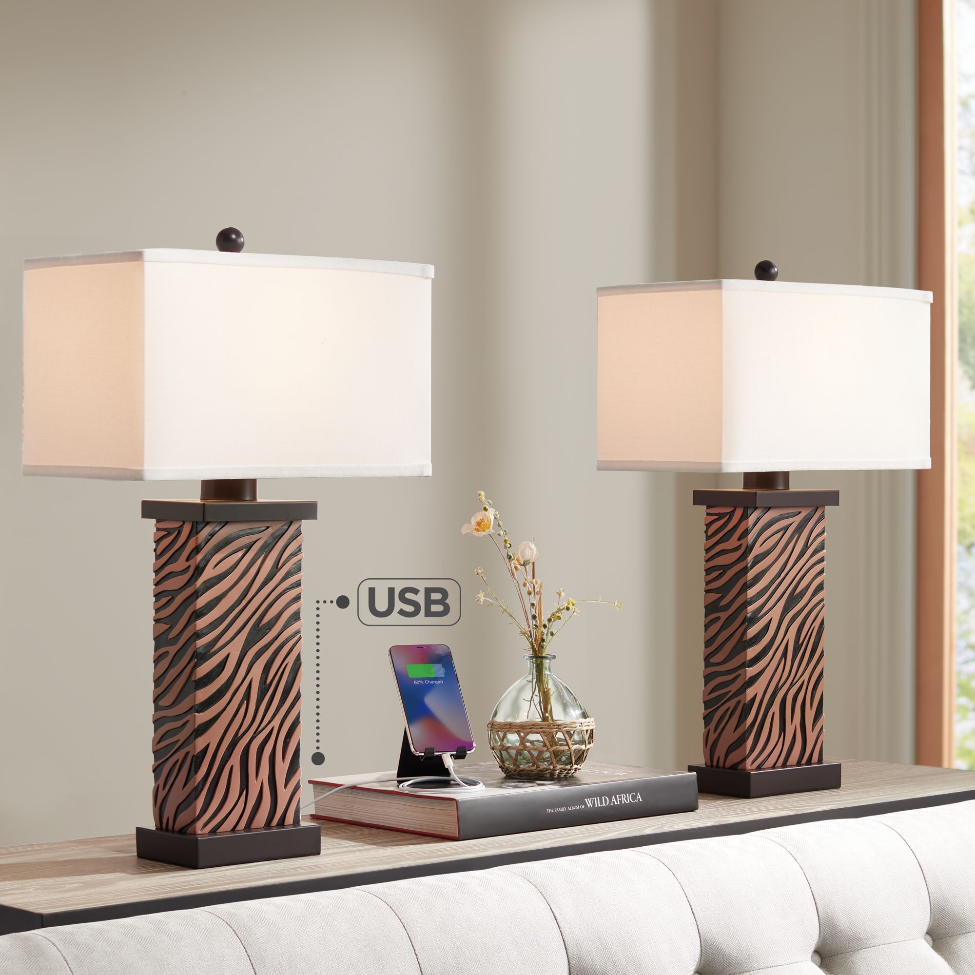 Possini Euro 26 7/8" High Zebra Pattern USB Table Lamps Set of 2