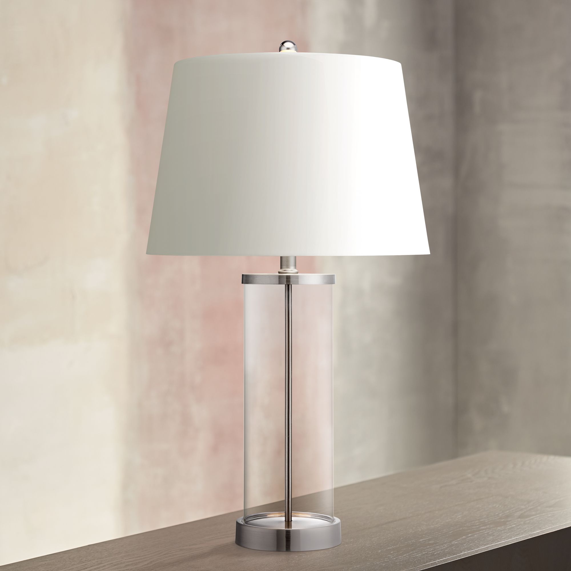 Possini Euro 26" Glass and Steel Cylinder Fillable Table Lamp Set of 2 in scene