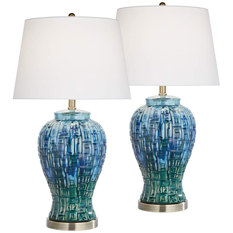 Image 2 Possini Euro 27 inch Blue-Green Teal Temple Jar Ceramic Lamps Set of 2