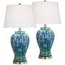 2_Possini Euro 27" Blue-Green Teal Temple Jar Ceramic Lamps Set of 2