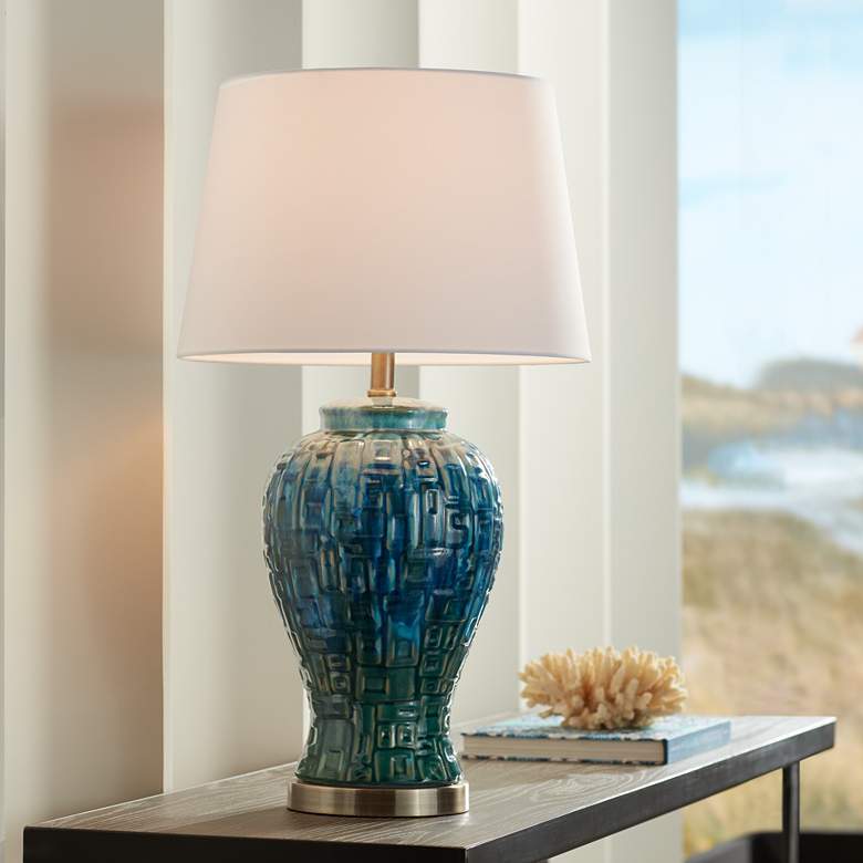 Image 1 Possini Euro 27 inch Blue-Green Teal Temple Jar Ceramic Table Lamp