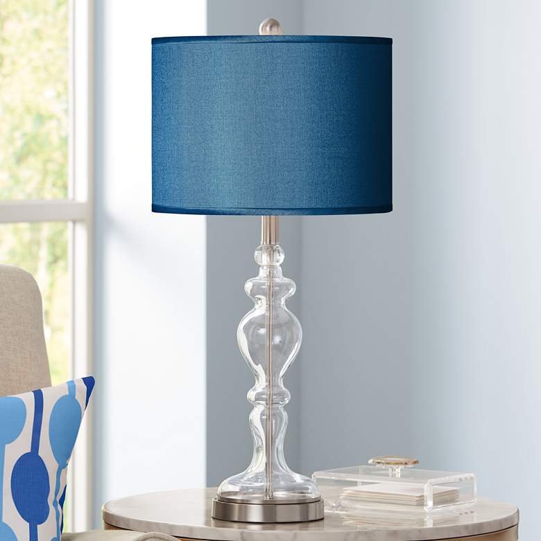 Image 1 Possini Euro 28 inch Blue Faux Silk Apothecary Clear Glass Table Lamp