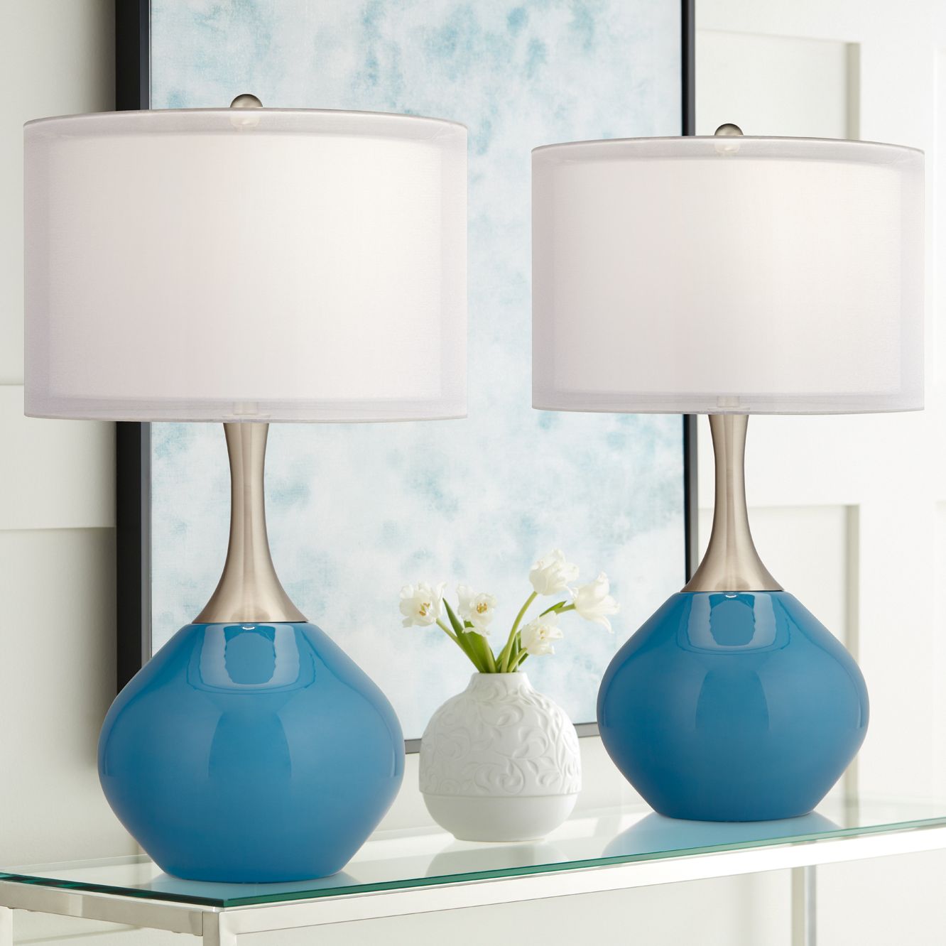 Image Possini Euro 30 3/8" High Modern Glass Swift Blue Table Lamps Set of 2