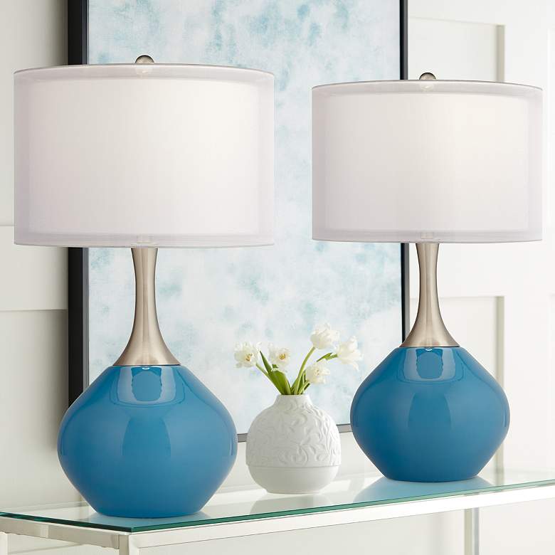 Image 1 Possini Euro 30 3/8 inch High Modern Glass Swift Blue Table Lamps Set of 2