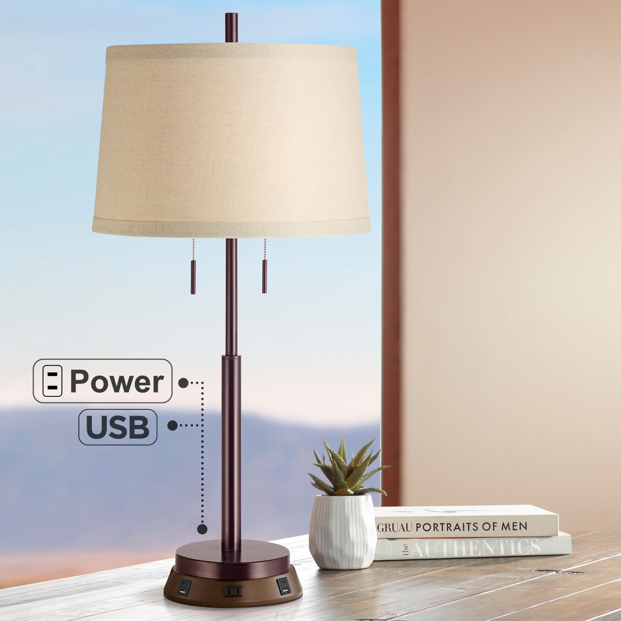 Image 7 Possini Euro 34 3/4" Bronze Stick Table Lamp with USB Workstation Base more views