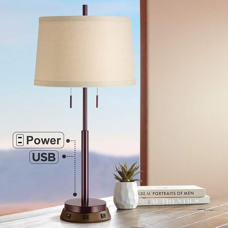 Image 1 Possini Euro 34 3/4 inch Bronze Stick Table Lamp with USB Workstation Base