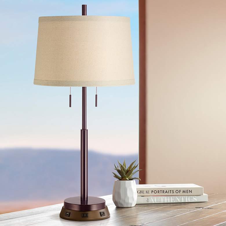 Image 1 Possini Euro 34 3/4 inch Bronze Stick Table Lamp with USB Workstation Base