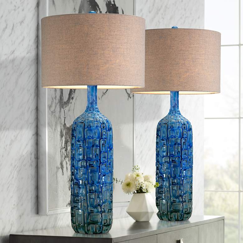 Image 1 Possini Euro 36 inch Teal Blue Modern Ceramic Table Lamps Set of 2