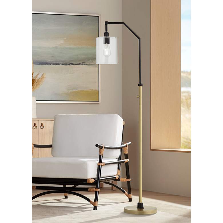 Image 1 Possini Euro 62 1/2" High Downbridge Black and Brass Arc Floor Lamp