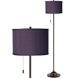 Image1 of Possini Euro 62" Eggplant Purple Faux Silk Bronze Club Floor Lamp