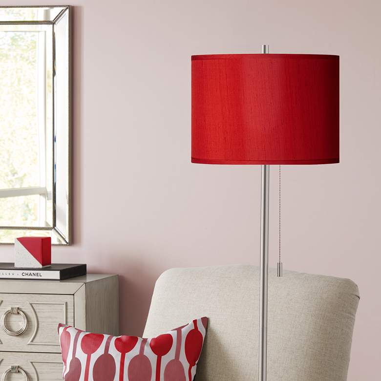 Image 1 Possini Euro 62 inch Red Shade Brushed Nickel Pull Chain Floor Lamp