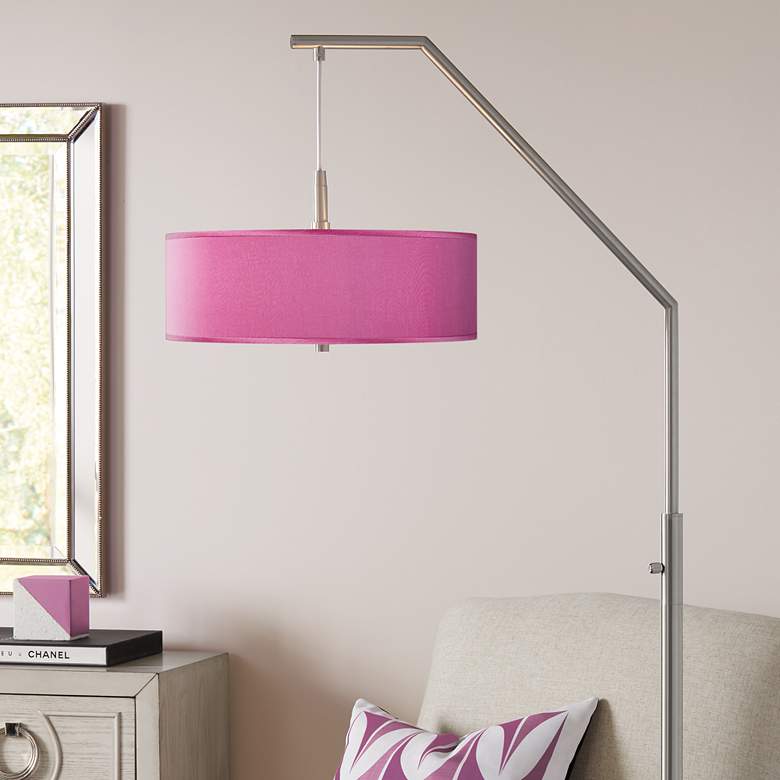 Image 1 Possini Euro 71 1/2" Pink Orchid Faux Silk Shade Modern Arc Floor Lamp