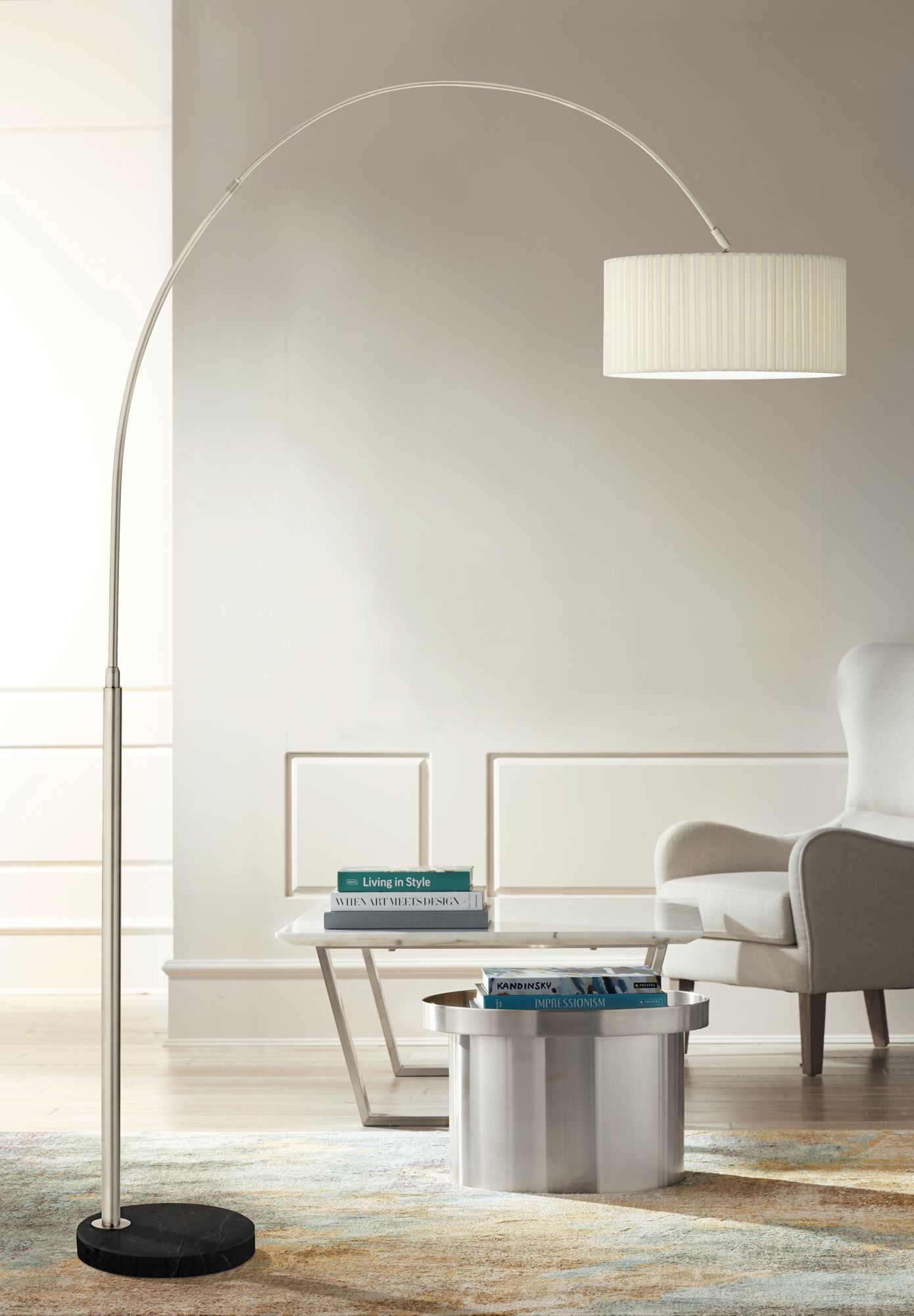 Image Possini Euro 92" Brushed Nickel Black Marble Linen Arc Floor Lamp