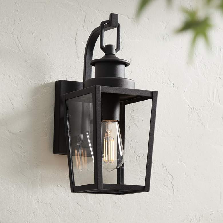 Image 1 Possini Euro Ackerly 14 inch Textured Black Outdoor Lantern Wall Light