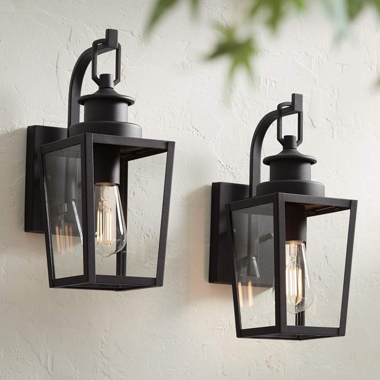 Image 1 Possini Euro Ackerly 14"H Black Outdoor Lantern Wall Light Set of 2