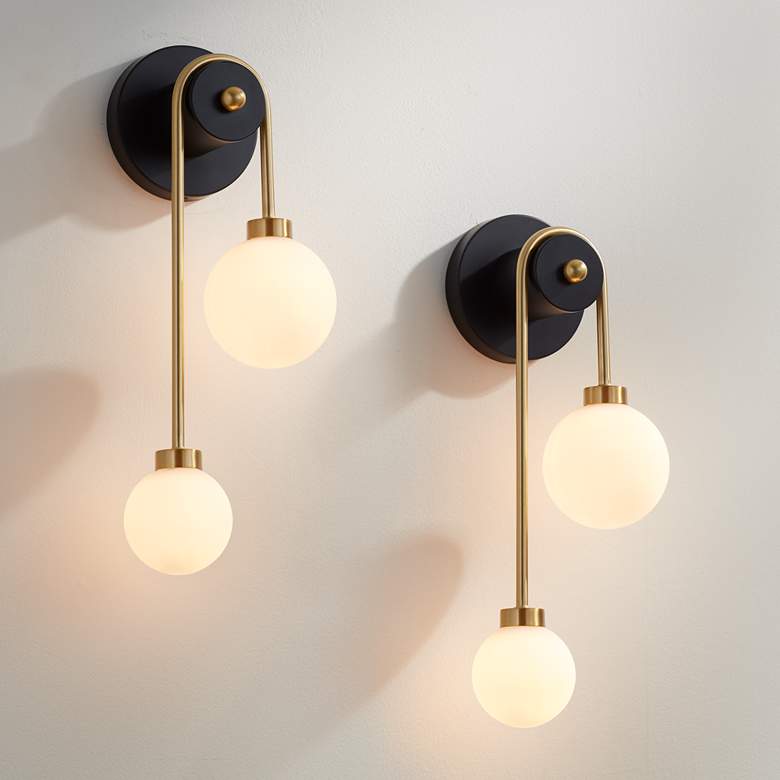 Image 1 Possini Euro Adelia 16"H Black and Brass 2-Light Wall Sconce Set of 2