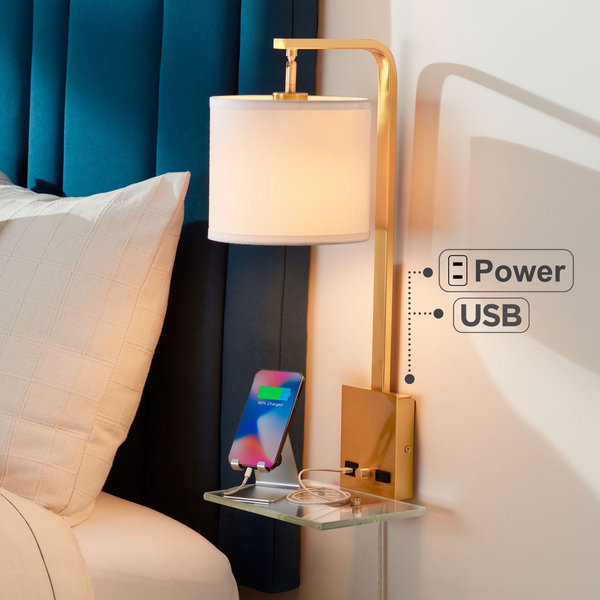 Plug in wall clearance sconce with shelf