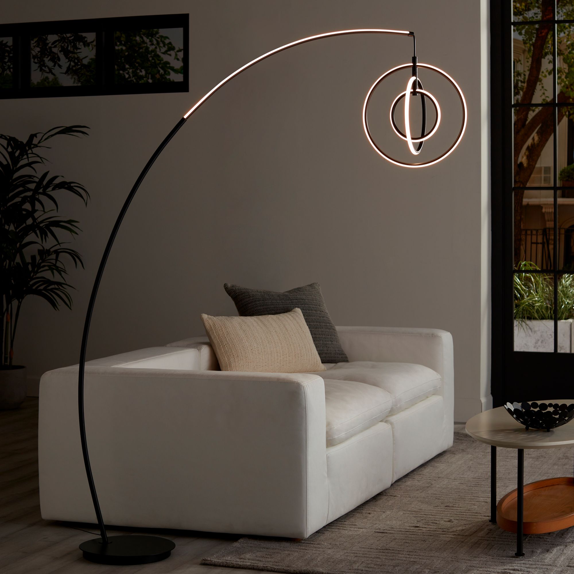 Possini Euro Allura Black 79" High 3-Ring LED Modern Arc Floor Lamp in scene