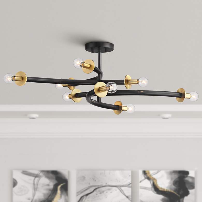 Image 1 Possini Euro Alturus 34" Gloss Black Warm Brass 8-Light Ceiling Light