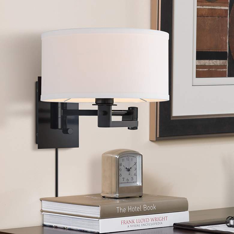 Image 1 Possini Euro Aluno 12" High Black Swing Arm Plug-In Wall Lamp
