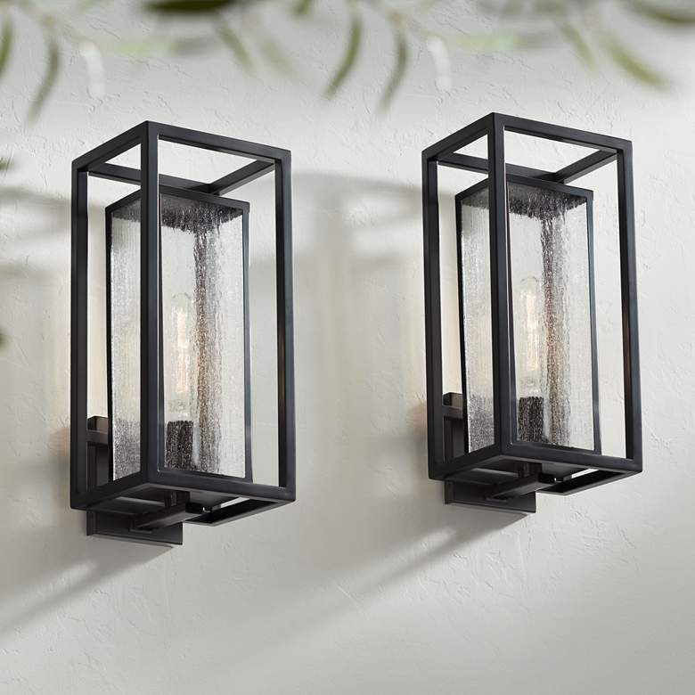 Image 1 Possini Euro Amir 18" High Black Outdoor Wall Light Set of 2