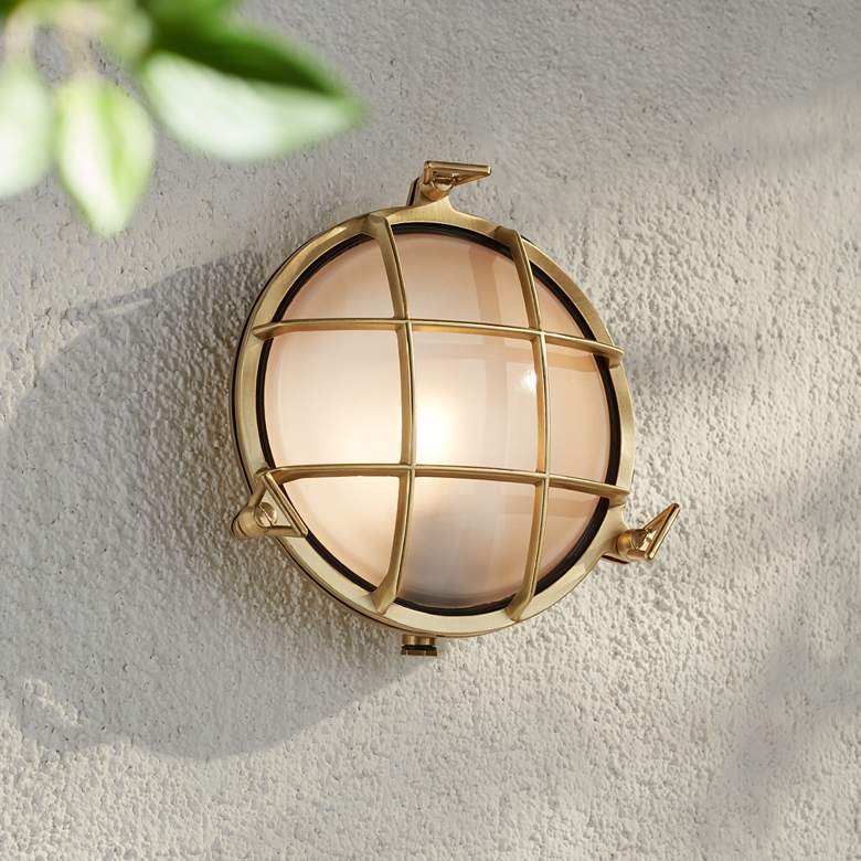 Image 1 Possini Euro Anjali 10" High Brass Bulkhead Outdoor Wall Light