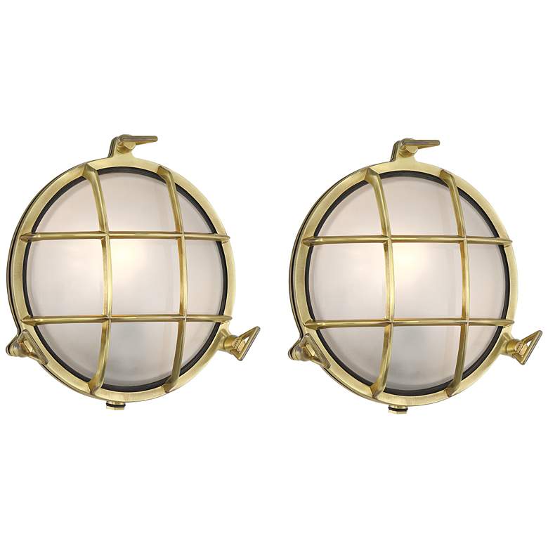 Image 1 Possini Euro Anjali 10"H Brass Bulkhead Outdoor Wall Light Set of 2