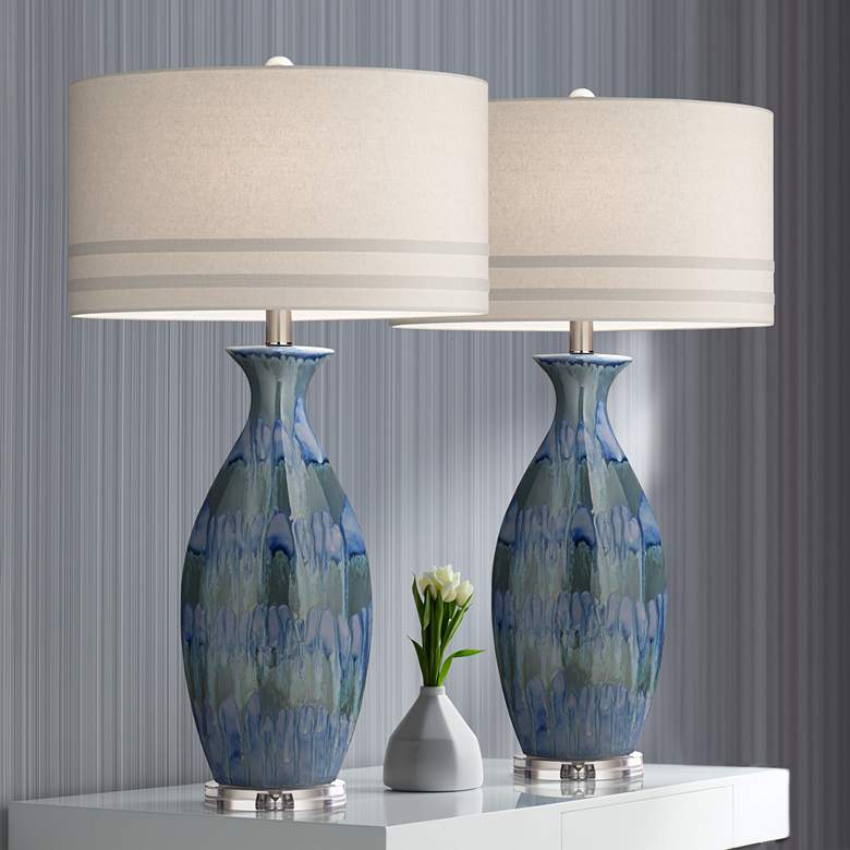 Image 1 Possini Euro Annette 38" High Blue Drip Ceramic Table Lamps Set of 2