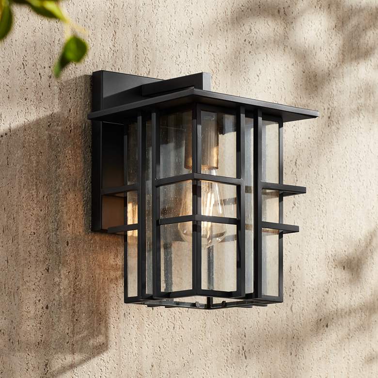 Image 1 Possini Euro Arley 12 inch High Black and Seeded Glass Outdoor Wall Light