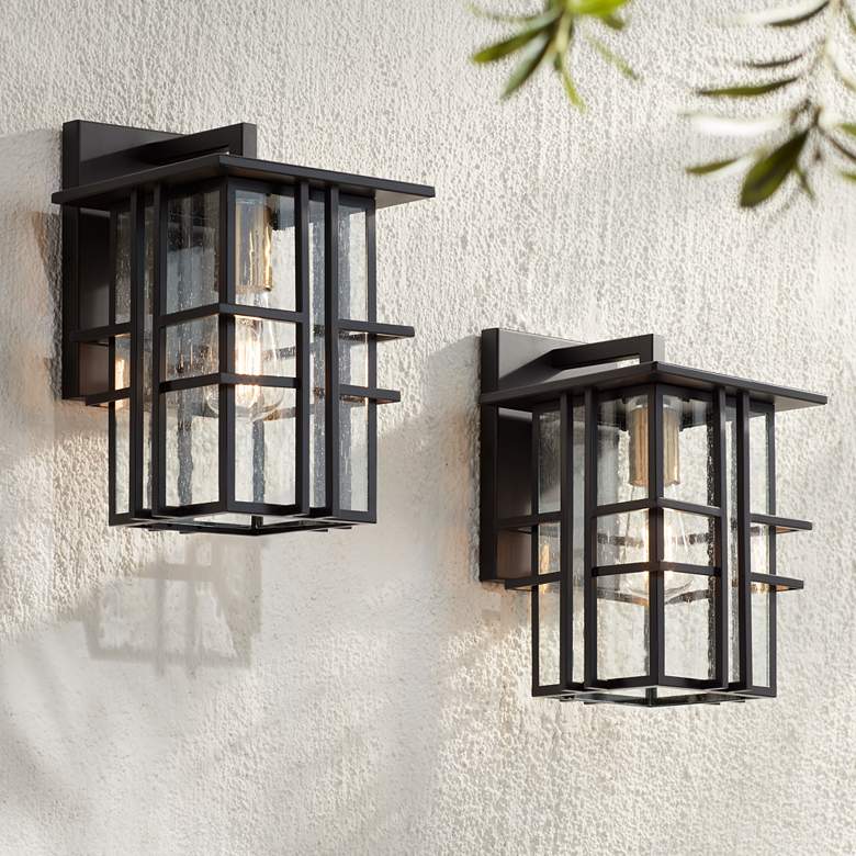 Image 1 Possini Euro Arley 12" High Black Outdoor Wall Light Set of 2