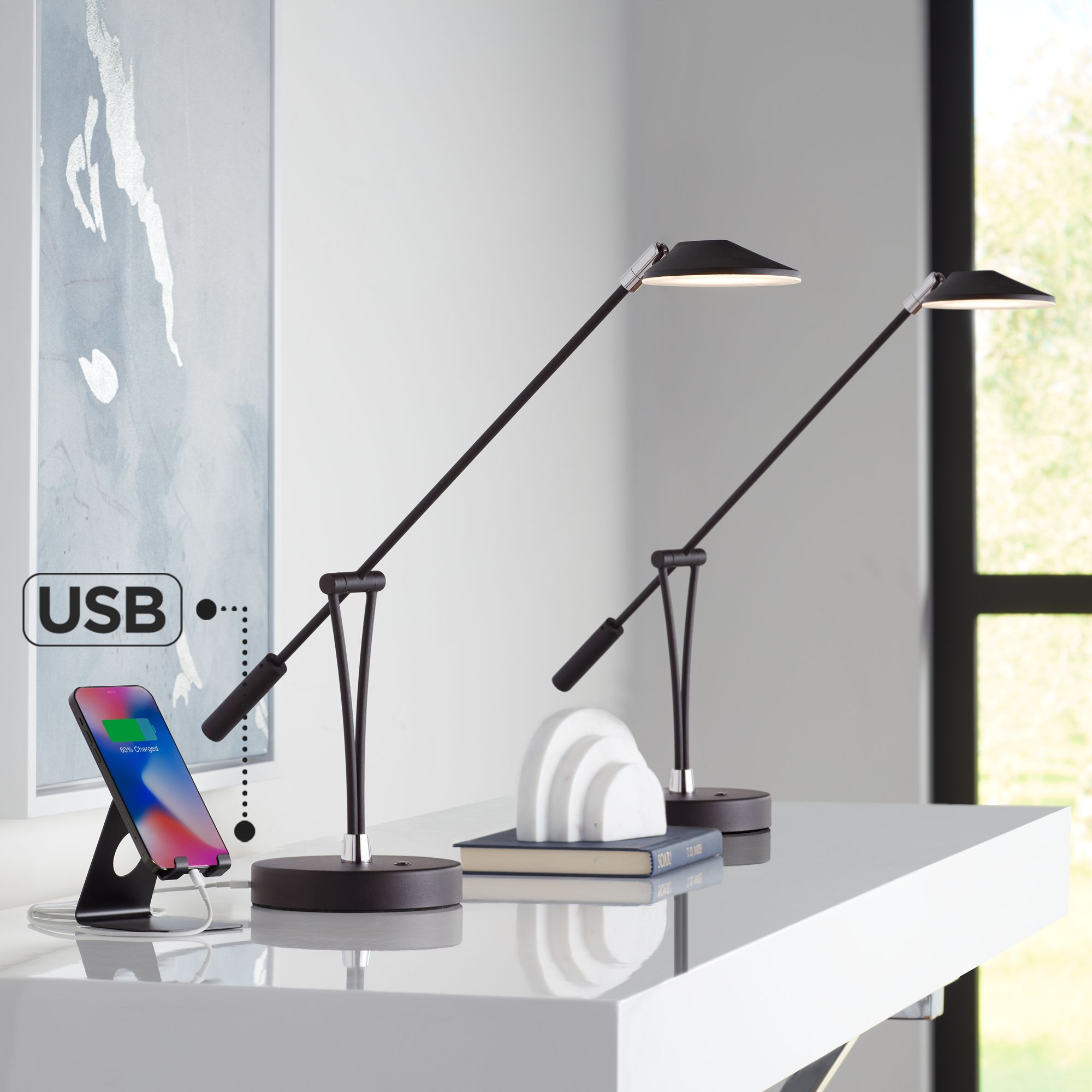 Possini Euro Arnie Satin Black Adjustable LED USB Desk Lamps Set of 2