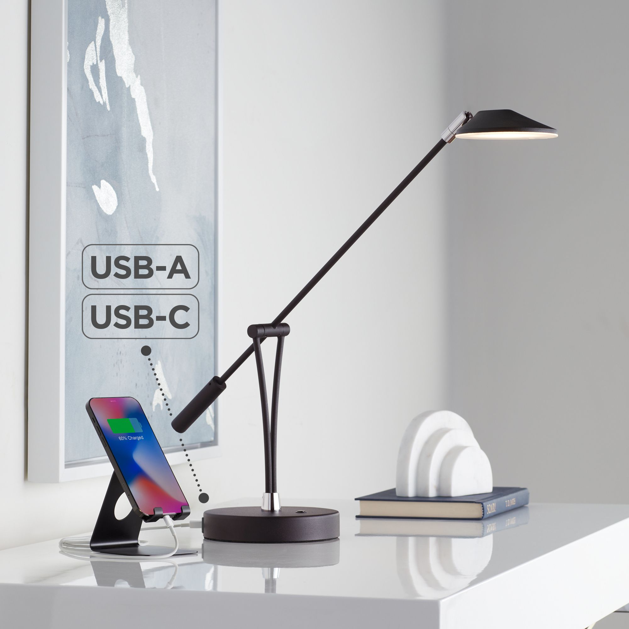 Possini Euro Arnie Satin Black Adjustable Modern LED USB Desk Lamp