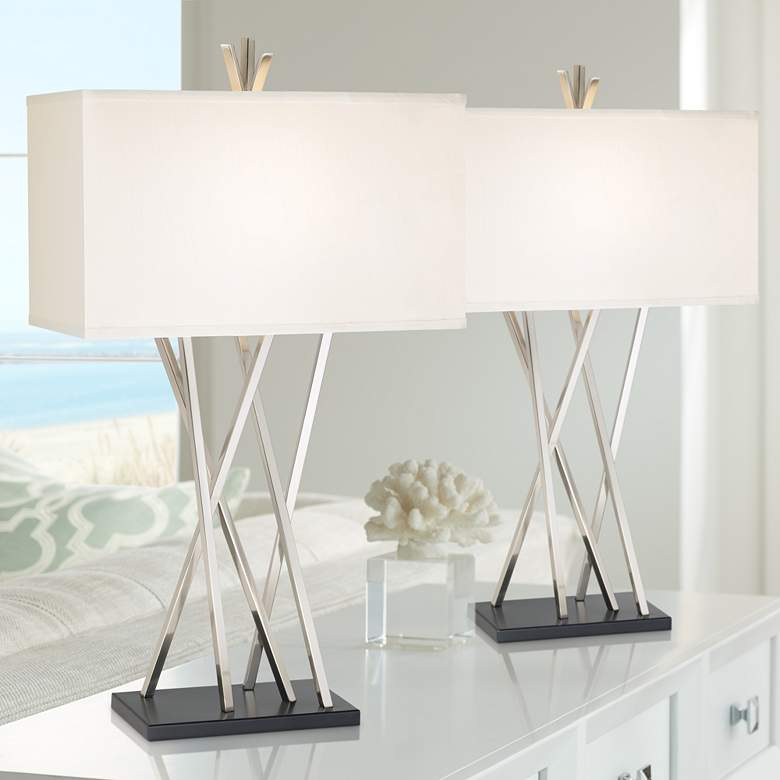 Image 1 Possini Euro Asymmetry Brushed Steel Table Lamp Set of 2