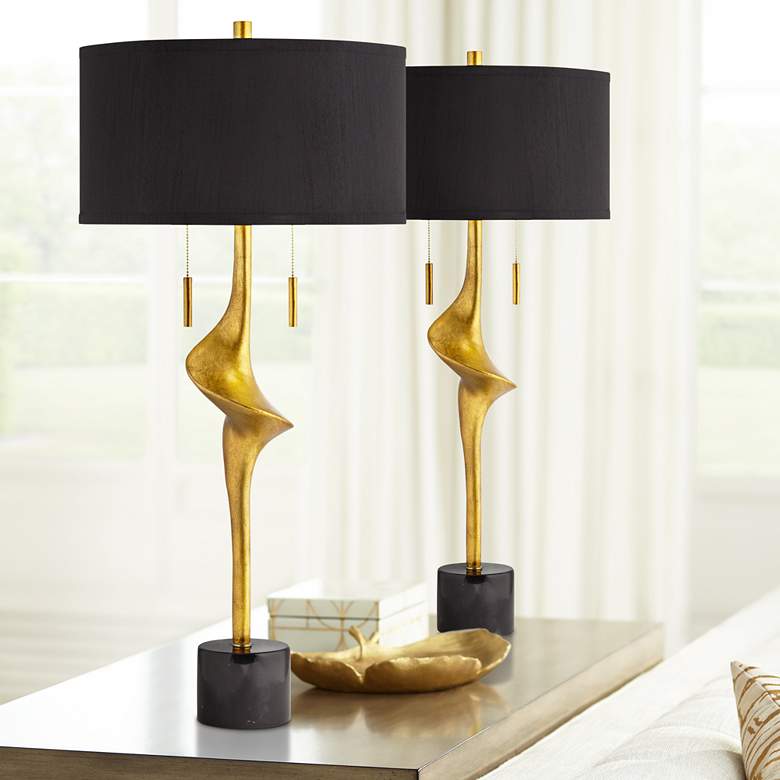Image 1 Possini Euro Athena 35 1/2 inch Gold Leaf Modern Table Lamps Set of 2