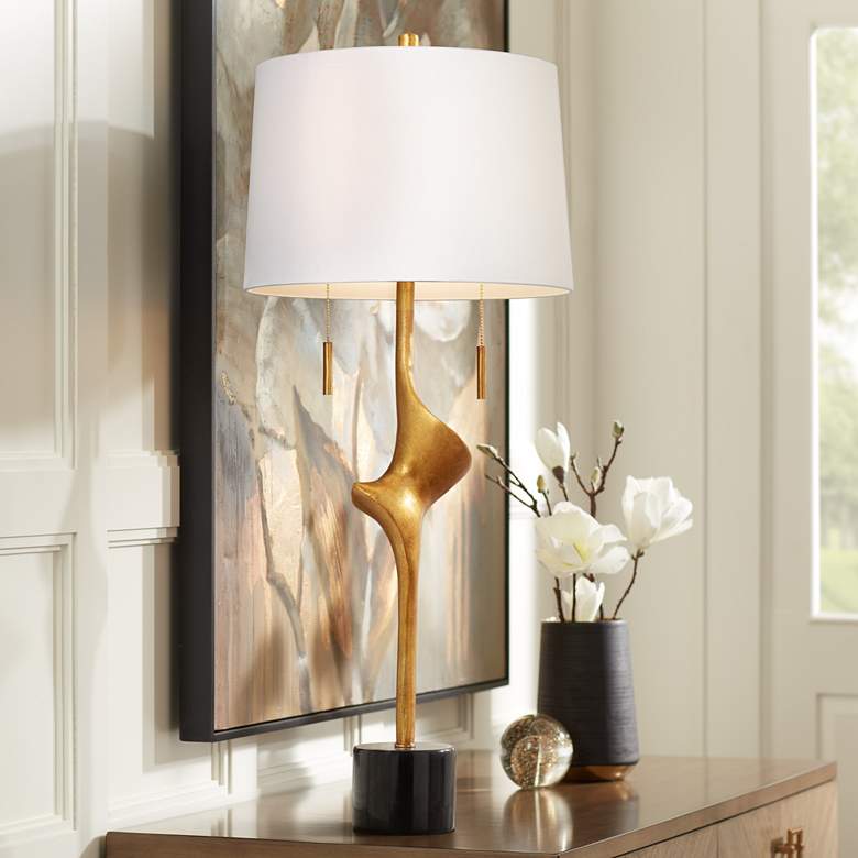 Image 1 Possini Euro Athena 35 1/2 inch White Shade Gold Leaf Modern Table Lamp