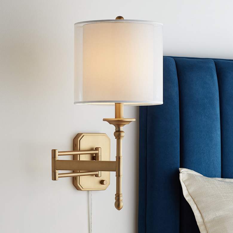 Image 1 Possini Euro Atka Antique Brass Plug-In Swing Arm Wall Lamp